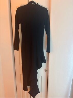 Alexis Asymmetric Ruffle Turtleneck Dress | Black | Long Sleeve | Size S
